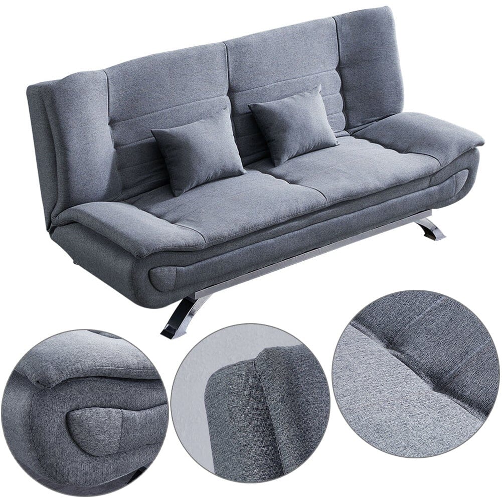 3-Seater Linen Convertible Sofa Bed with 2 Pillows in Grey