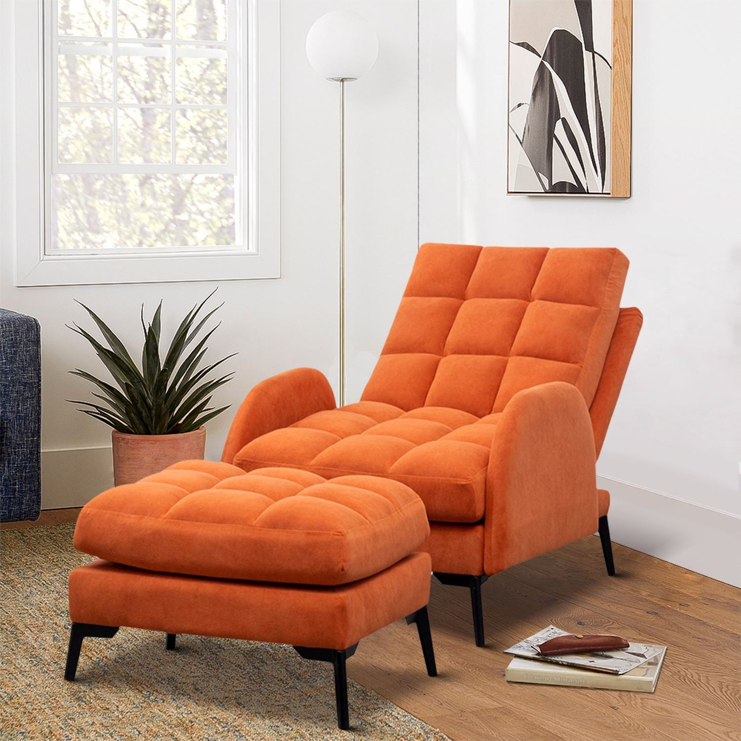Upholstered Adjustable Backrest Velvet Sleeper Recliner Come with Ottoman