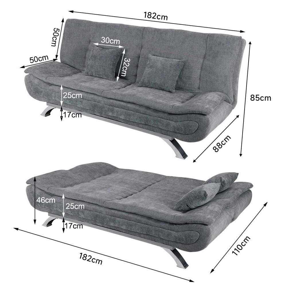3-Seater Linen Convertible Sofa Bed with 2 Pillows in Grey