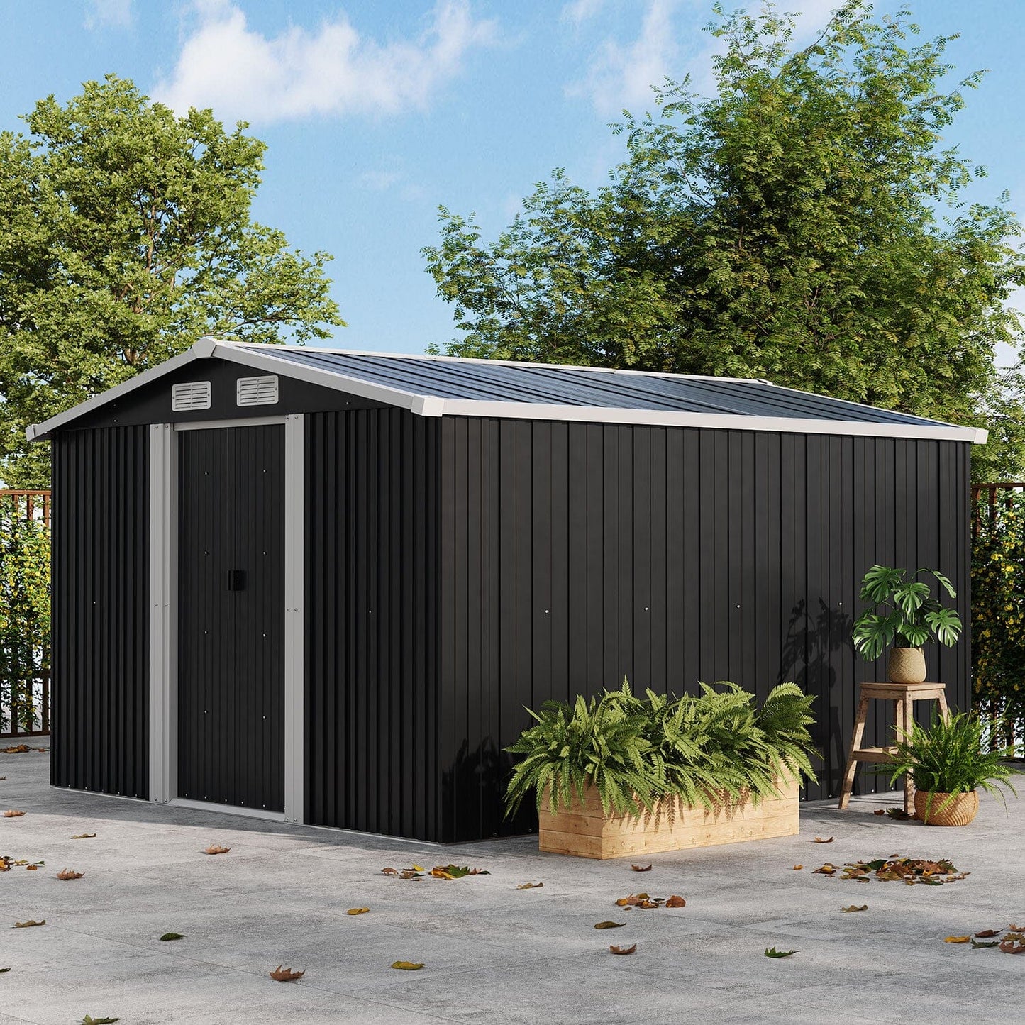 Waterproof 6x8/8x8/10x8ft Metal Shed with Gable Roof Charcoal Black/Green