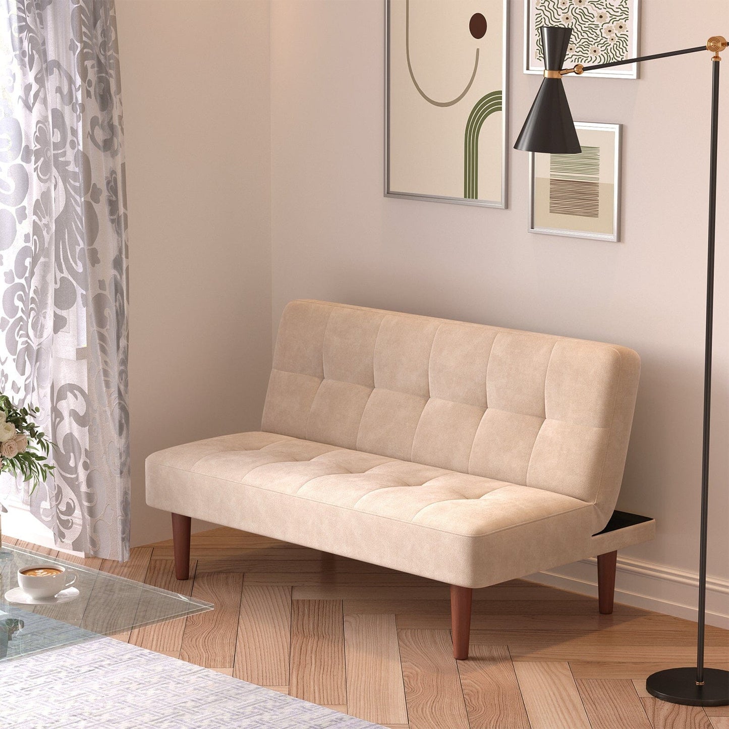 4ft Sofa Bed Wide Modern 2 Seater Padded Convertible Sofa Bed with Wooden Legs