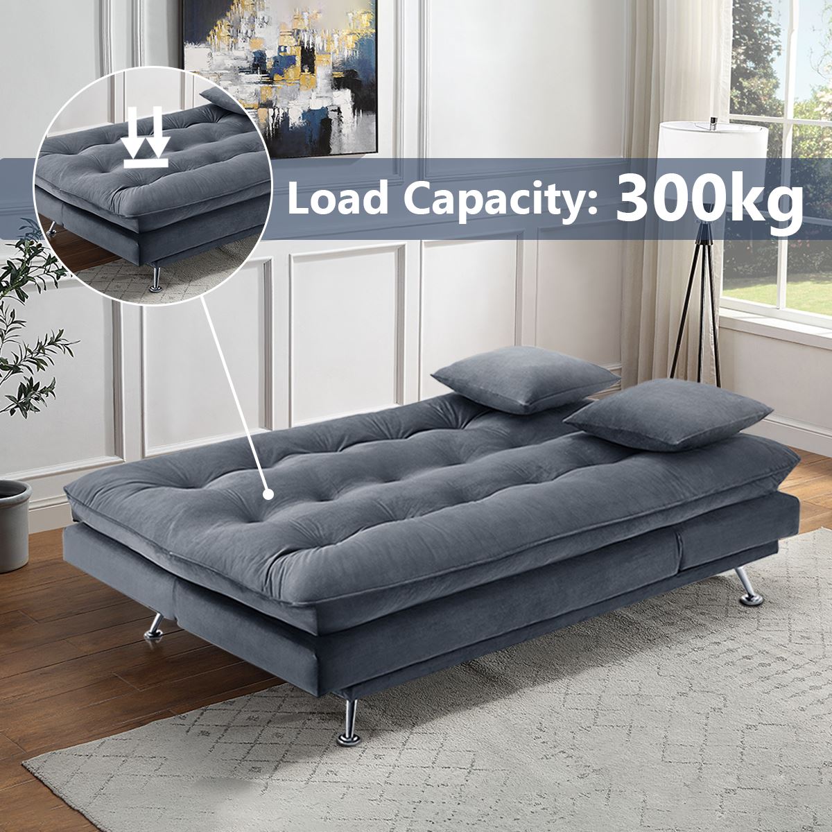 3-Seater Linen Convertible Sofa Bed with 2 Pillows in Grey
