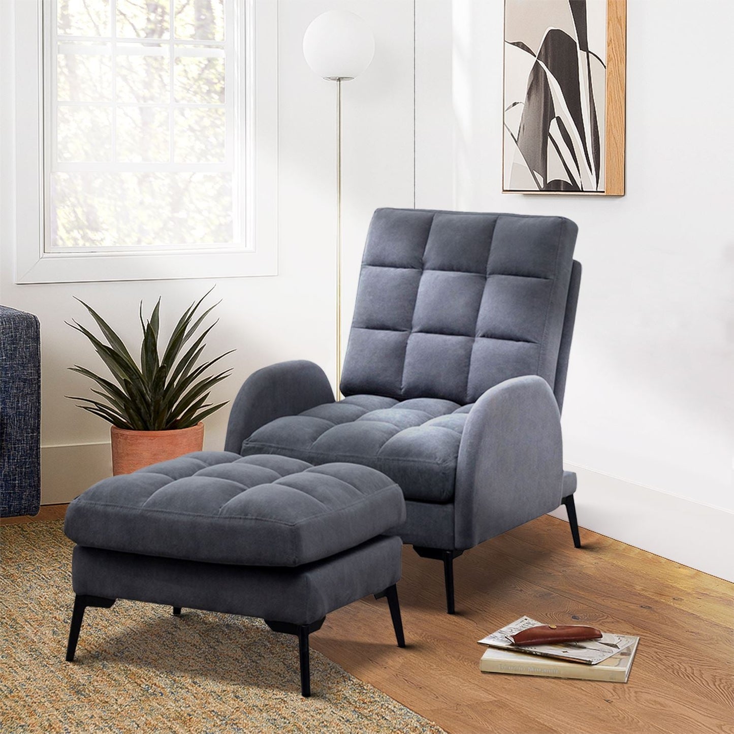 Upholstered Adjustable Backrest Velvet Sleeper Recliner Come with Ottoman