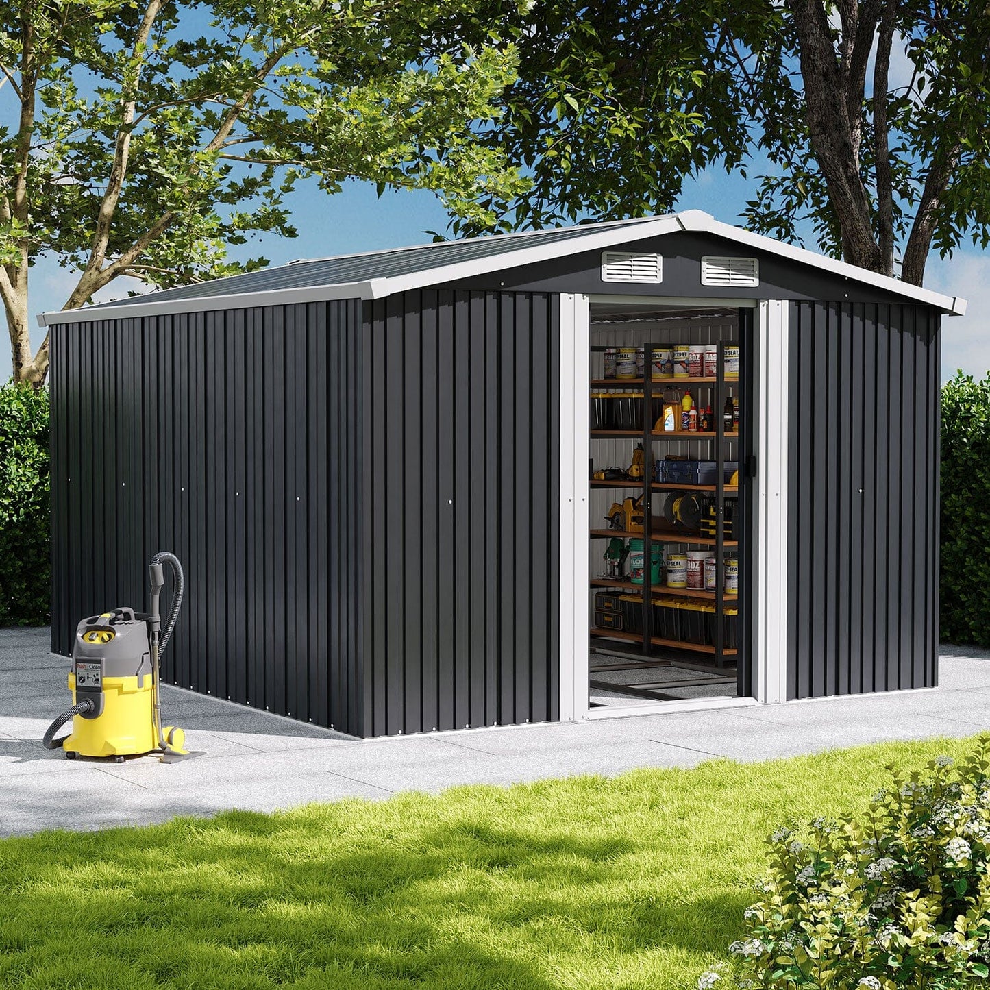 Waterproof 6x8/8x8/10x8ft Metal Shed with Gable Roof Charcoal Black/Green