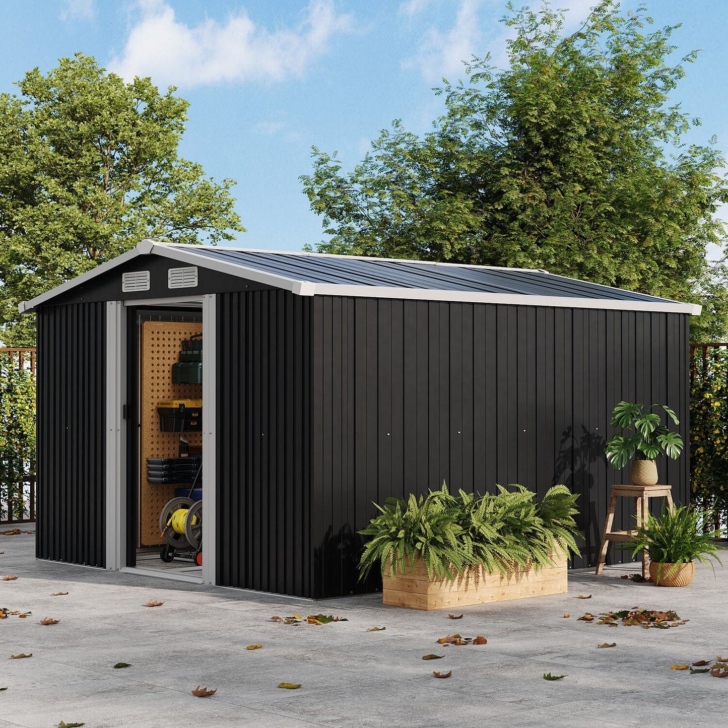 Waterproof 6x8/8x8/10x8ft Metal Shed with Gable Roof Charcoal Black/Green